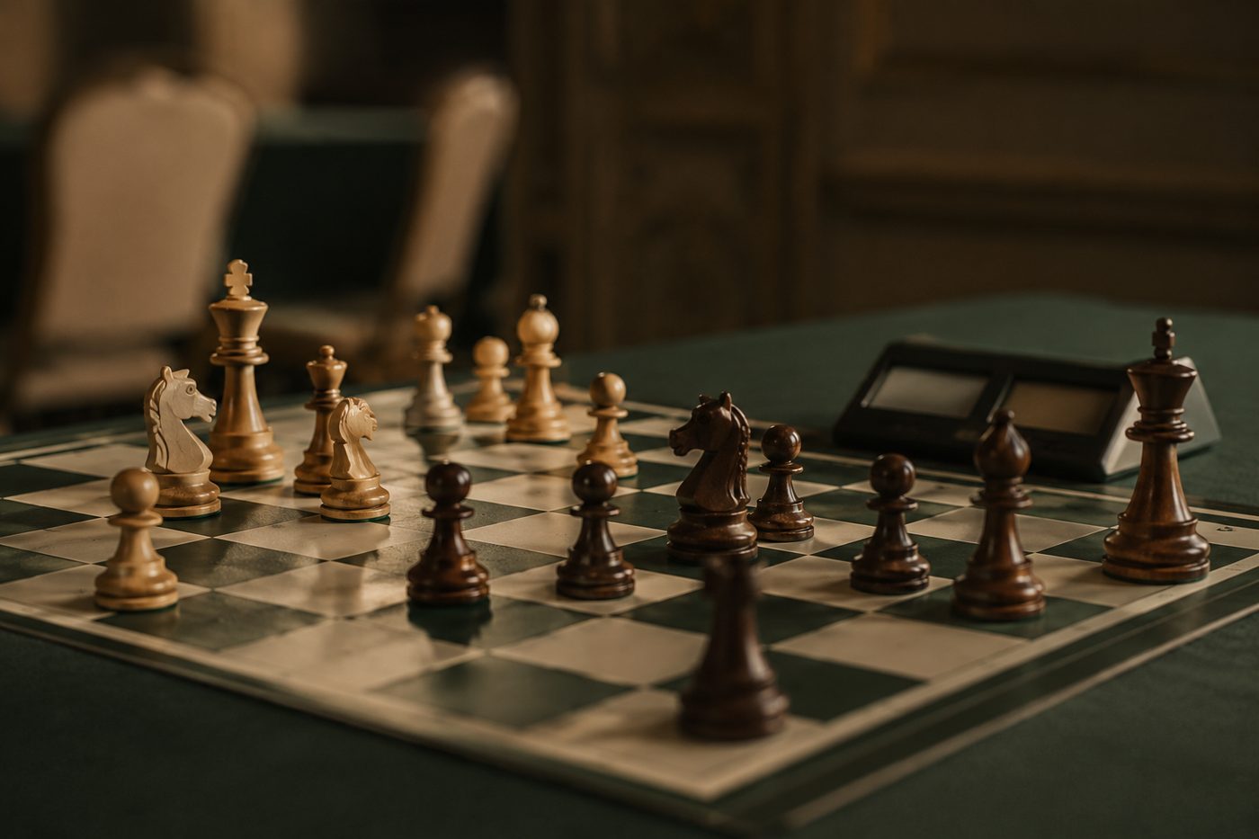 Tabuleiro e relógio no Nutropi Lisboa Chess Open